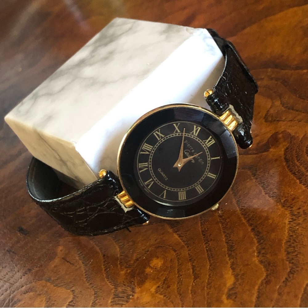 Vintage Pierre Cardin Couture faceted face black leather band watch